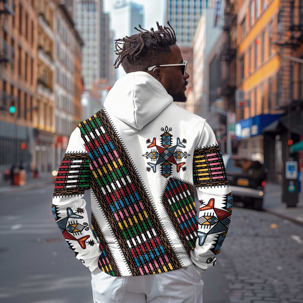 Habesha Kemis Inspired Tilet Pattern Zip Hoodie White