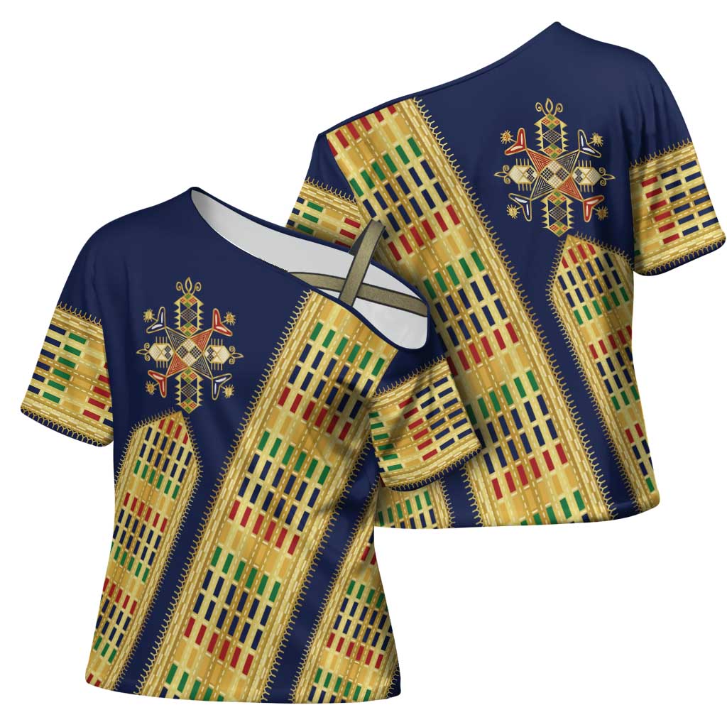 Habesha Kemis Inspired Tilet Pattern Cross Shoulder Shirt Royal Blue - Gold