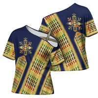 Habesha Kemis Inspired Tilet Pattern Cross Shoulder Shirt Royal Blue - Gold