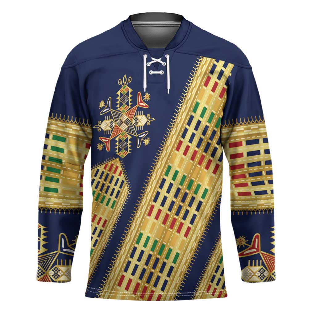 Habesha Kemis Inspired Tilet Pattern Hockey Jersey Royal Blue - Gold