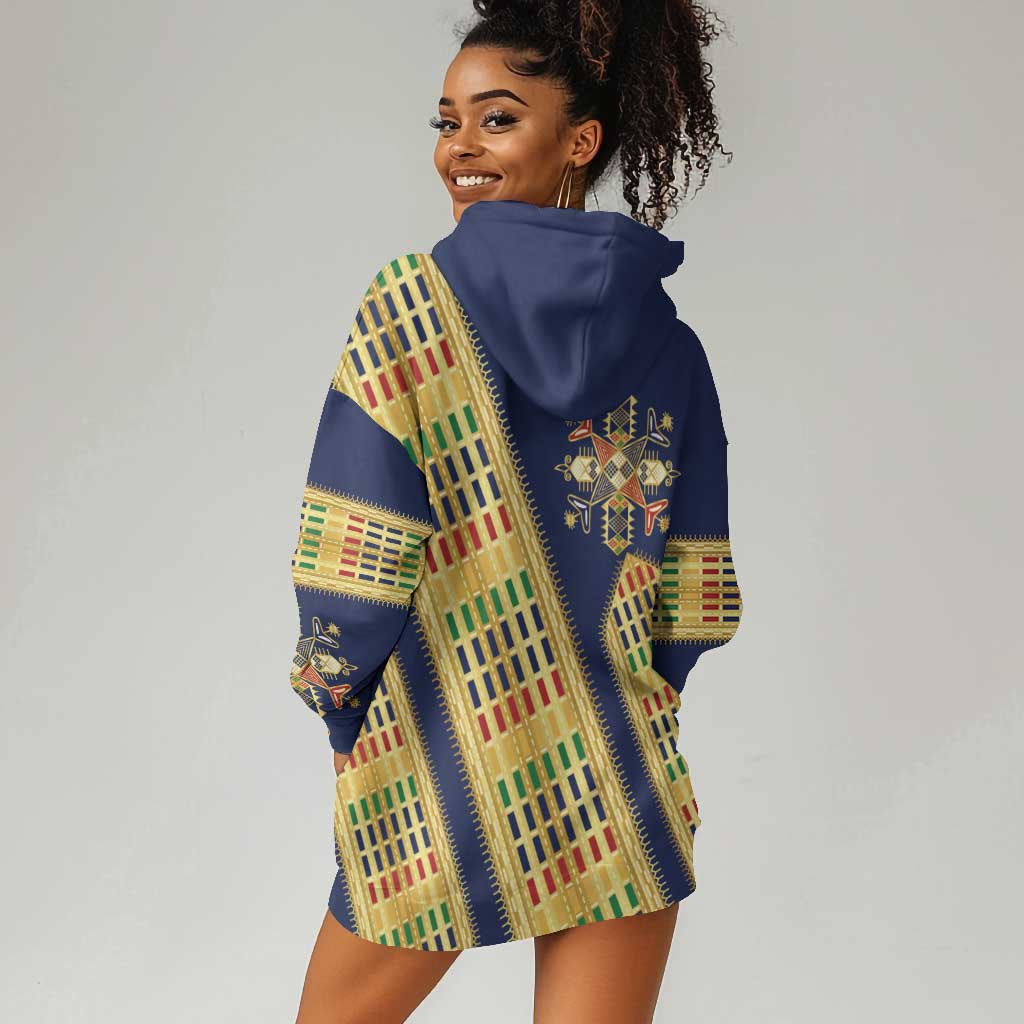 Habesha Kemis Inspired Tilet Pattern Hoodie Dress Royal Blue - Gold