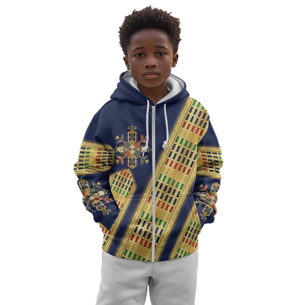 Habesha Kemis Inspired Tilet Pattern Kid Hoodie Royal Blue - Gold