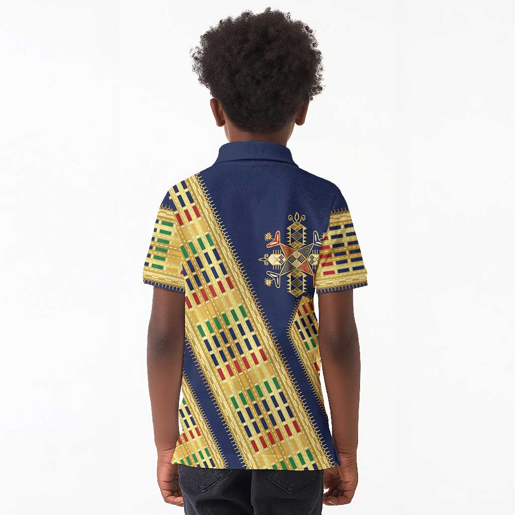 Habesha Kemis Inspired Tilet Pattern Kid Polo Shirt Royal Blue - Gold