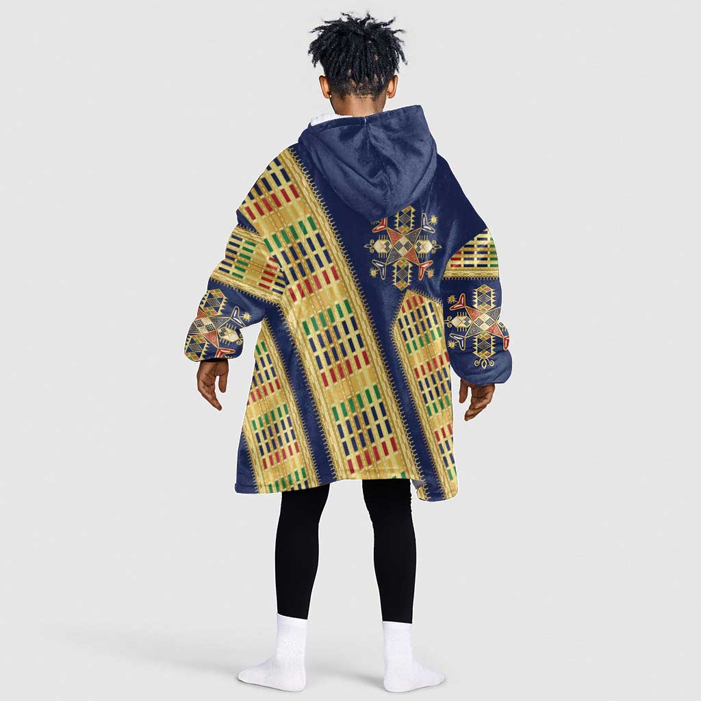 Habesha Kemis Inspired Tilet Pattern Kid Wearable Blanket Hoodie Royal Blue - Gold