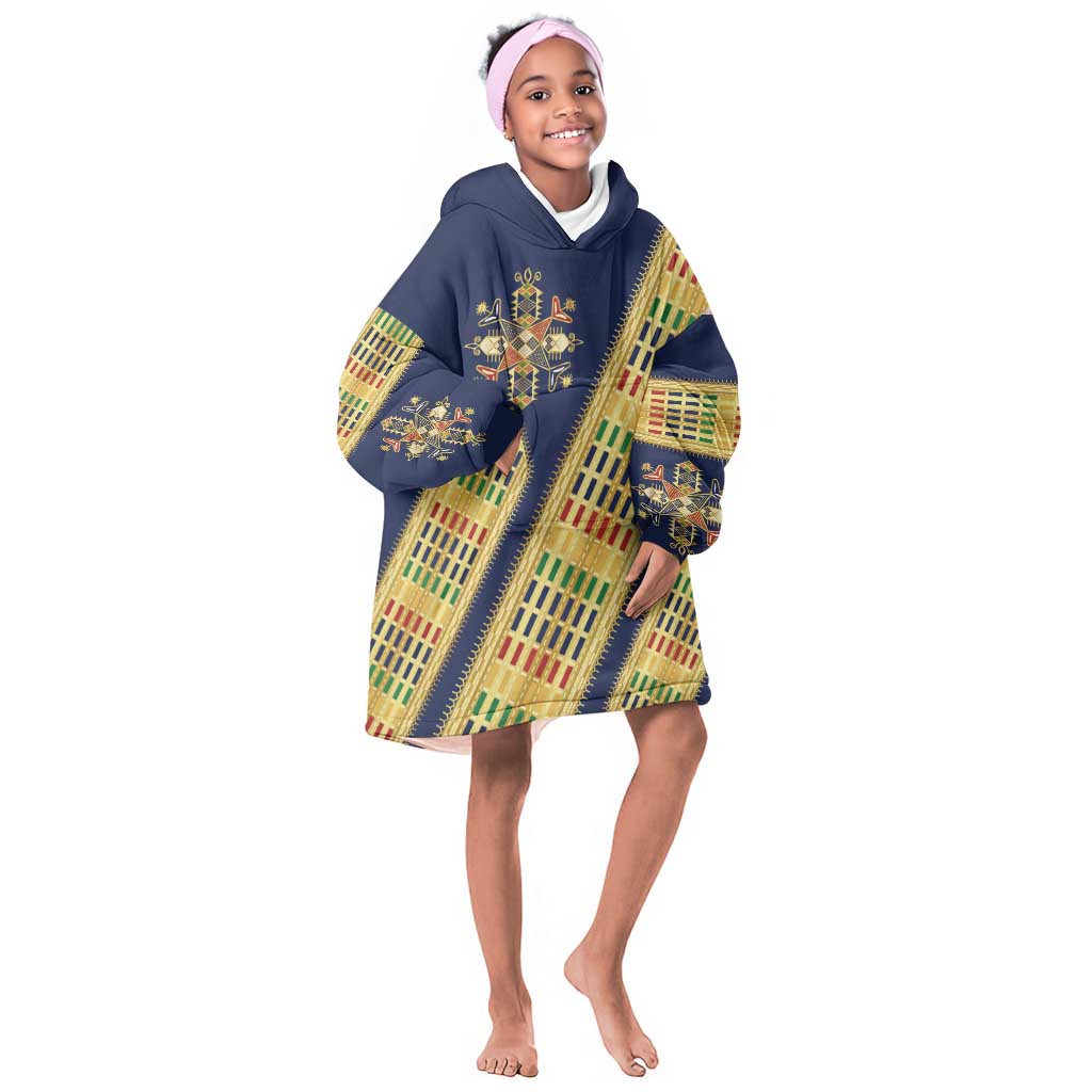 Habesha Kemis Inspired Tilet Pattern Kid Wearable Blanket Hoodie Royal Blue - Gold