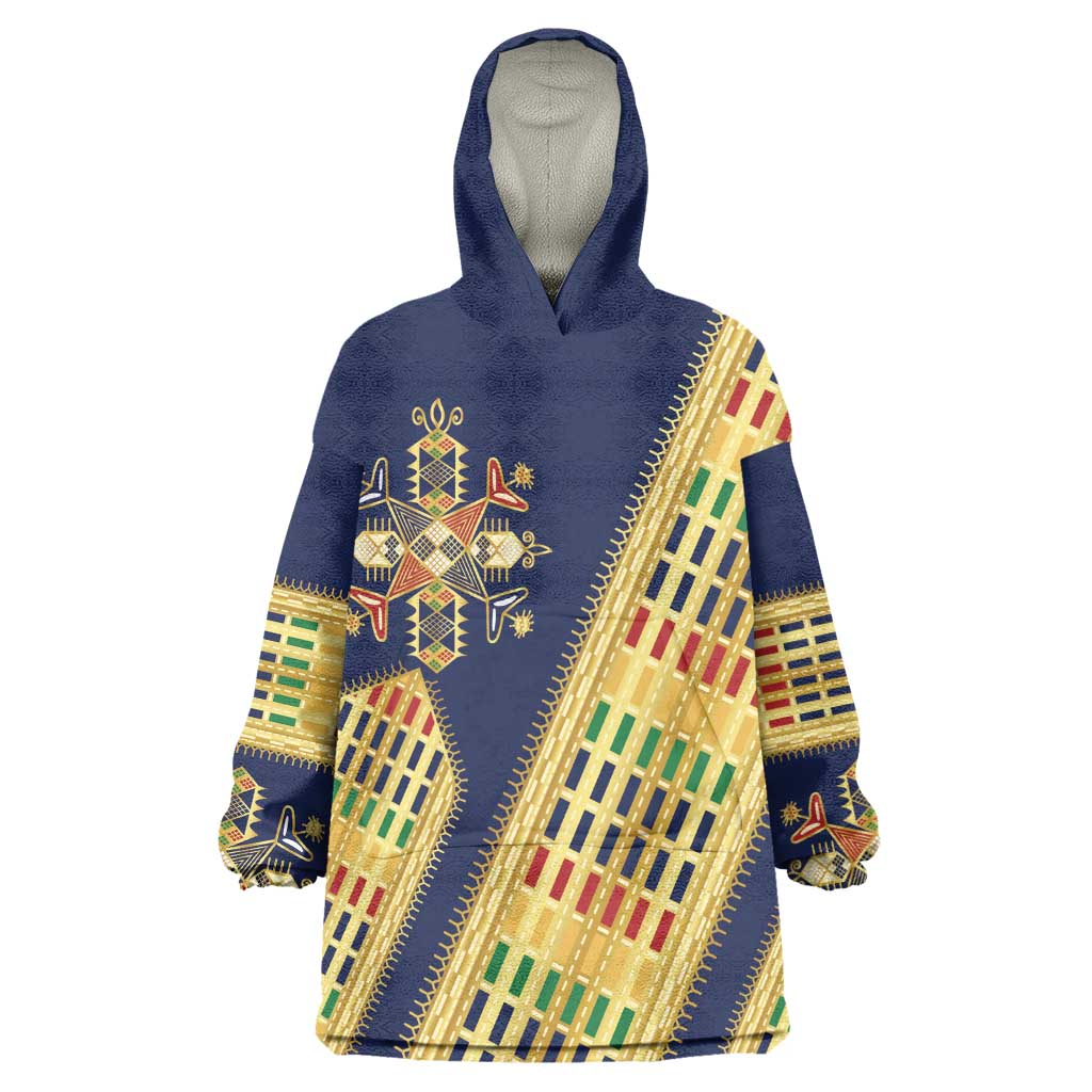 Habesha Kemis Inspired Tilet Pattern Kid Wearable Blanket Hoodie Royal Blue - Gold