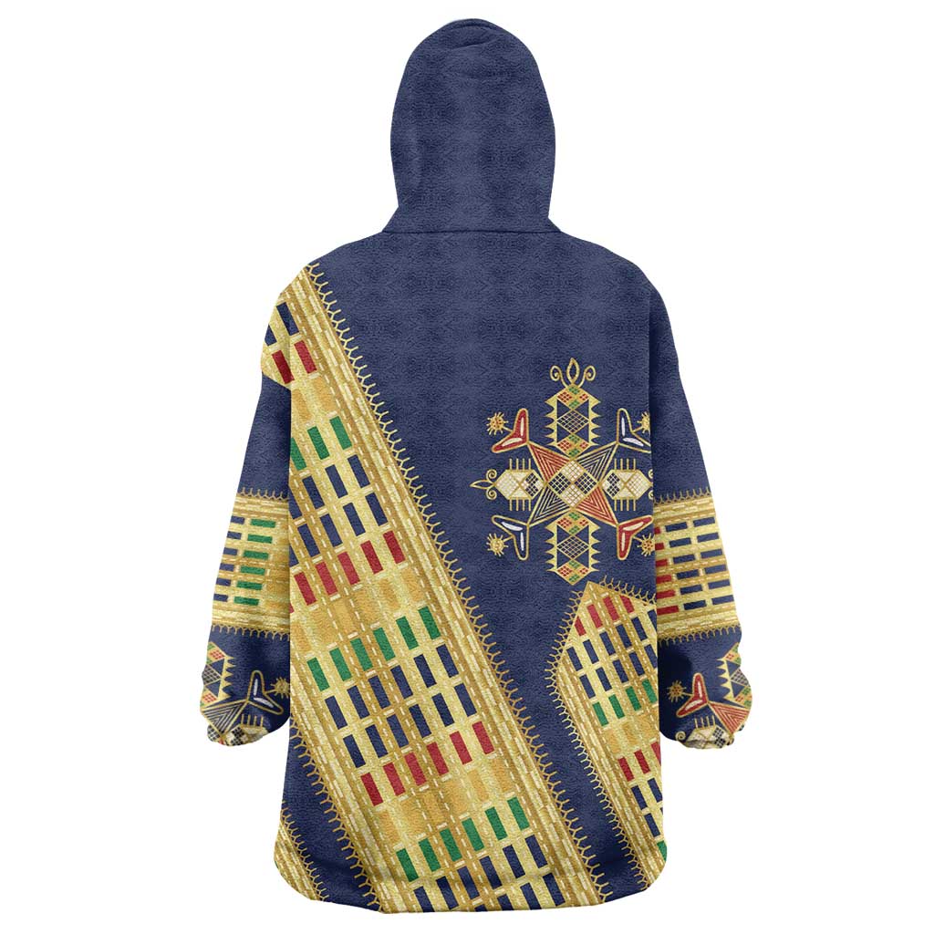 Habesha Kemis Inspired Tilet Pattern Kid Wearable Blanket Hoodie Royal Blue - Gold