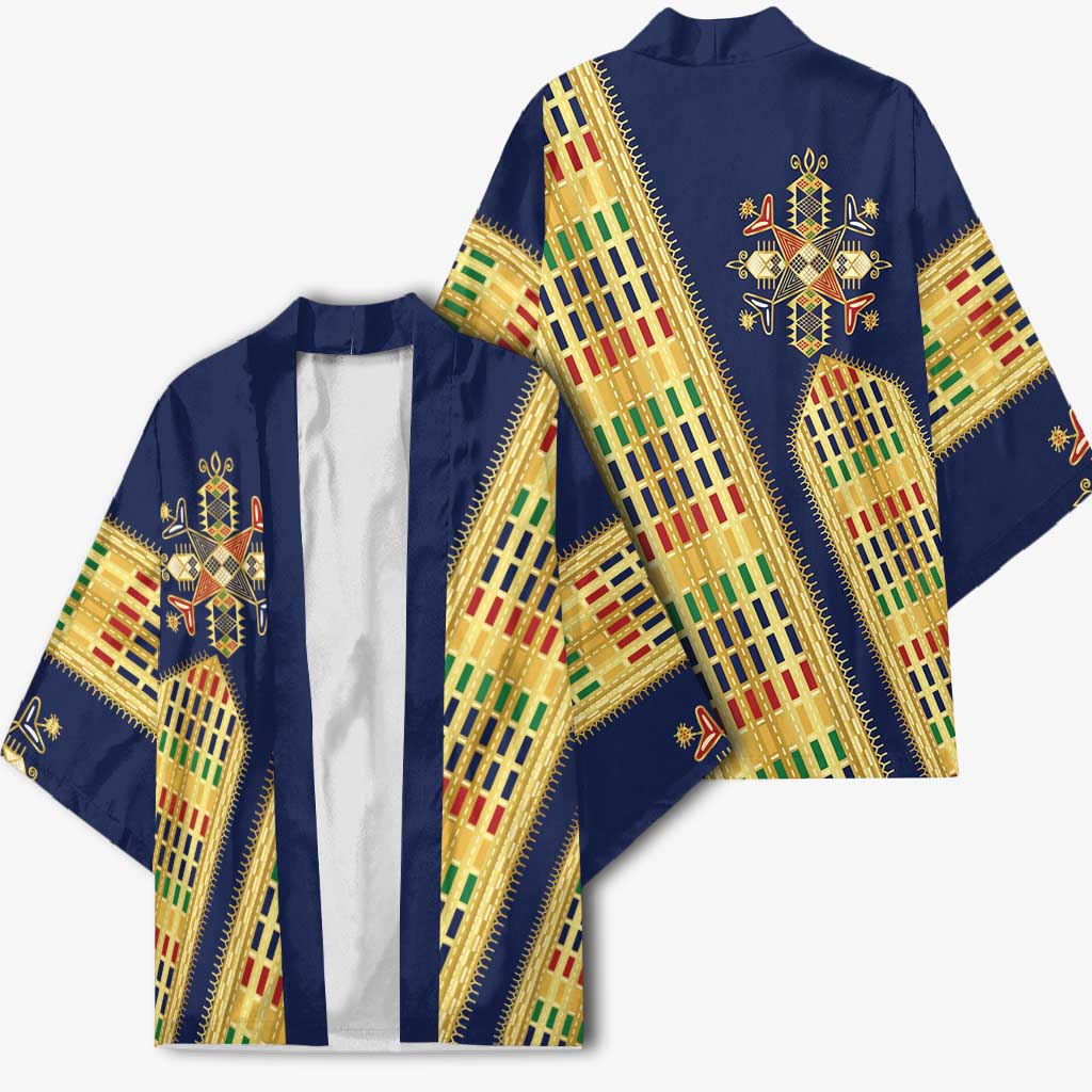 Habesha Kemis Inspired Tilet Pattern Kimono Royal Blue - Gold
