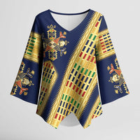 Habesha Kemis Inspired Tilet Pattern Kimono Sleeve Blouse Royal Blue - Gold