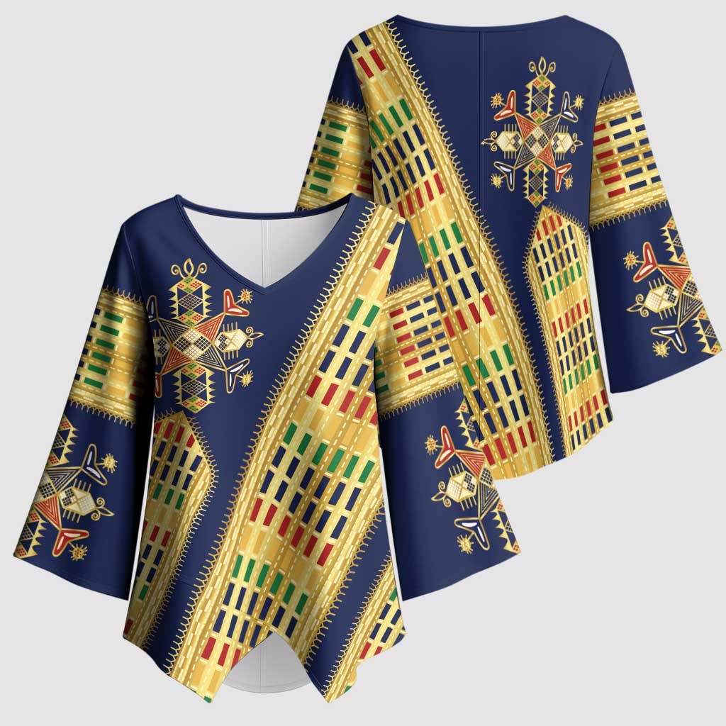Habesha Kemis Inspired Tilet Pattern Kimono Sleeve Blouse Royal Blue - Gold