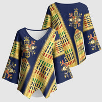 Habesha Kemis Inspired Tilet Pattern Kimono Sleeve Blouse Royal Blue - Gold