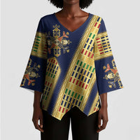 Habesha Kemis Inspired Tilet Pattern Kimono Sleeve Blouse Royal Blue - Gold