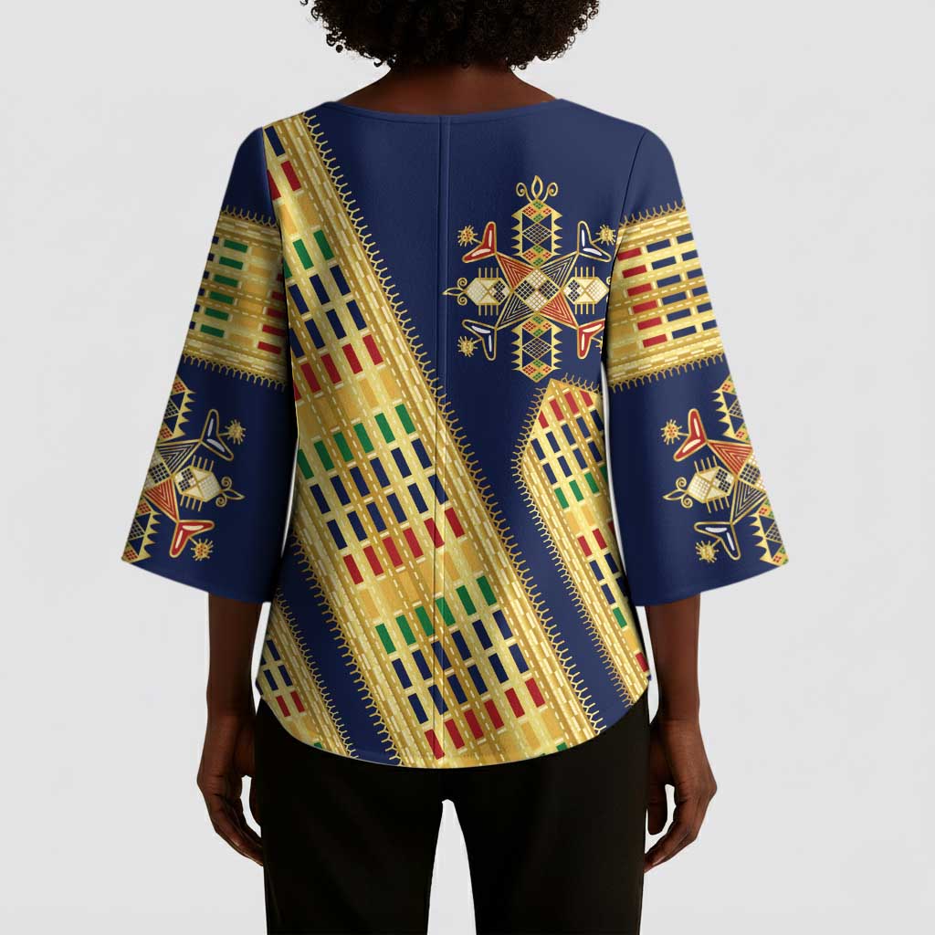 Habesha Kemis Inspired Tilet Pattern Kimono Sleeve Blouse Royal Blue - Gold