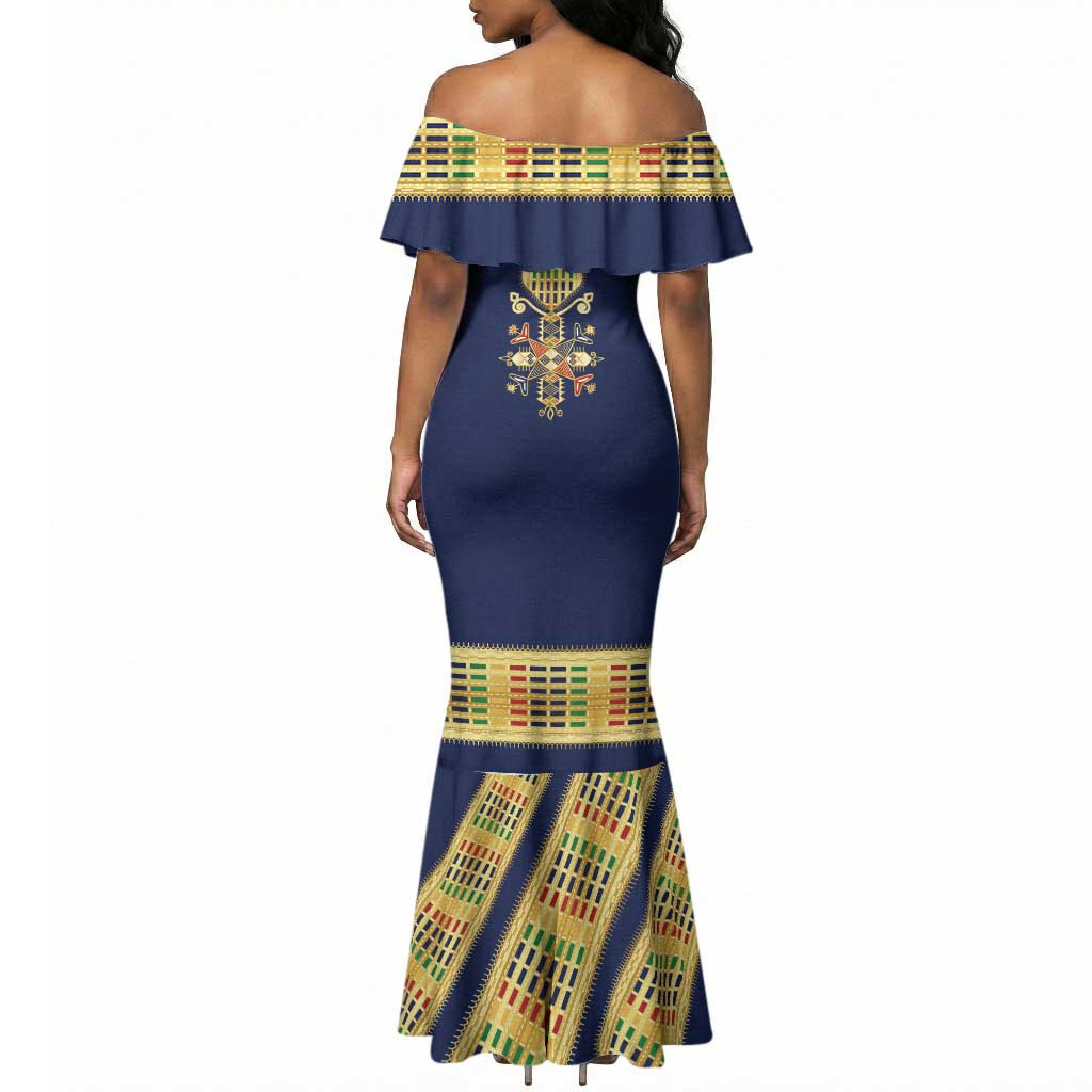 Habesha Kemis Inspired Tilet Pattern Mermaid Dress Royal Blue - Gold