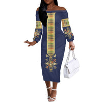 Habesha Kemis Inspired Tilet Pattern Off The Shoulder Long Sleeve Dress Royal Blue - Gold