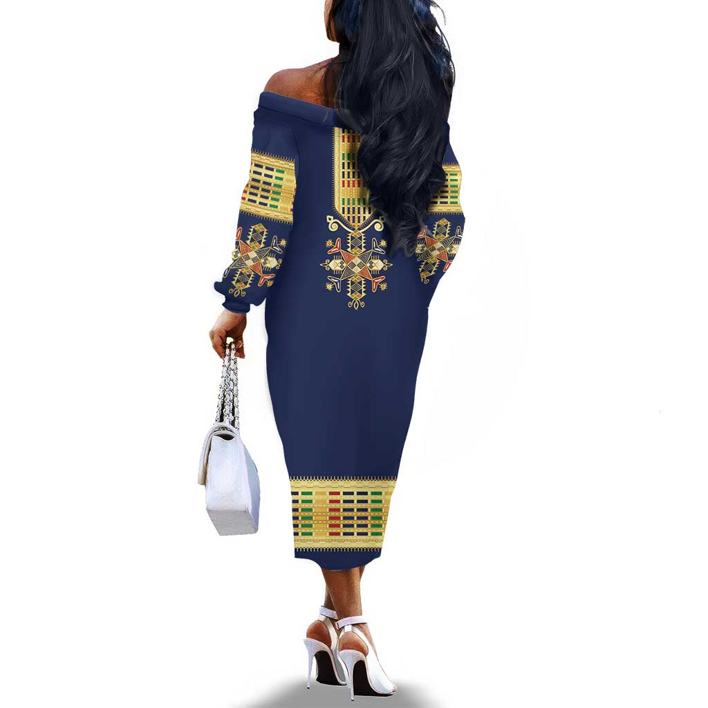 Habesha Kemis Inspired Tilet Pattern Off The Shoulder Long Sleeve Dress Royal Blue - Gold