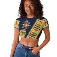 Habesha Kemis Inspired Tilet Pattern Raglan Cropped T shirt Royal Blue - Gold