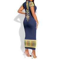 Habesha Kemis Inspired Tilet Pattern Short Sleeve Bodycon Dress Royal Blue - Gold