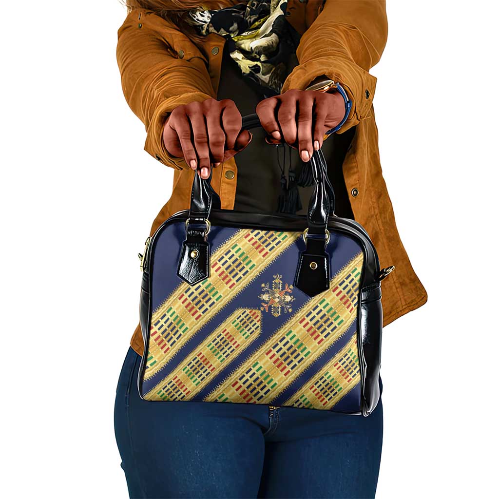 Habesha Kemis Inspired Tilet Pattern Shoulder Handbag Royal Blue - Gold