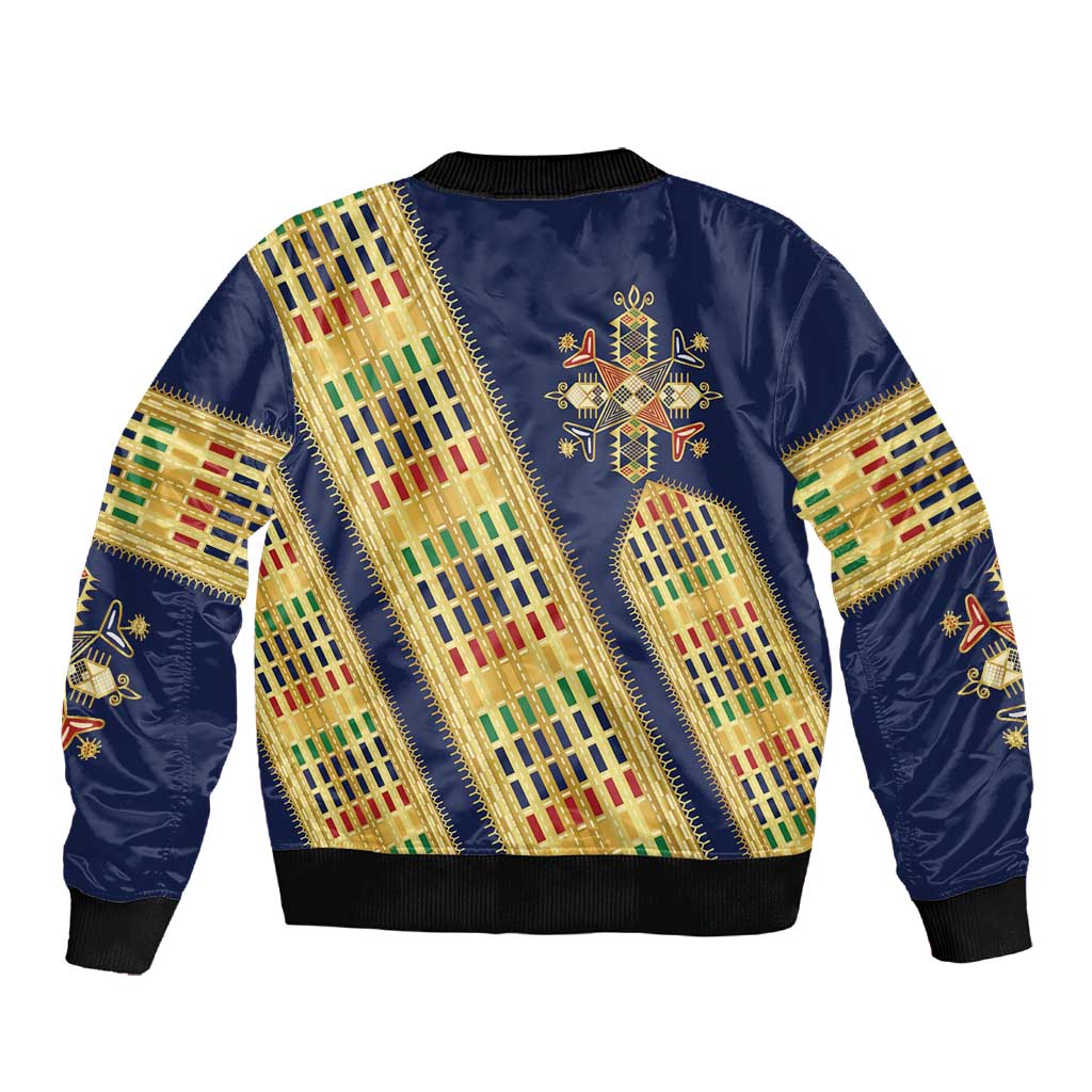 Habesha Kemis Inspired Tilet Pattern Sleeve Zip Bomber Jacket Royal Blue - Gold