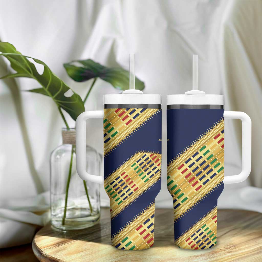 Habesha Kemis Inspired Tilet Pattern Tumbler With Handle Royal Blue - Gold