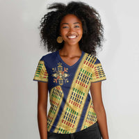 Habesha Kemis Inspired Tilet Pattern Women V-Neck T-Shirt Royal Blue - Gold