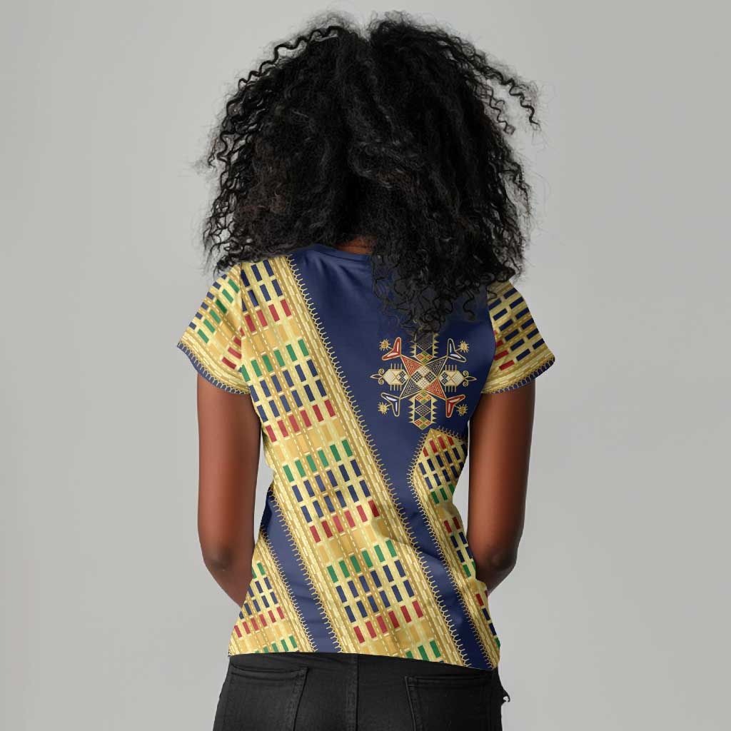Habesha Kemis Inspired Tilet Pattern Women V-Neck T-Shirt Royal Blue - Gold