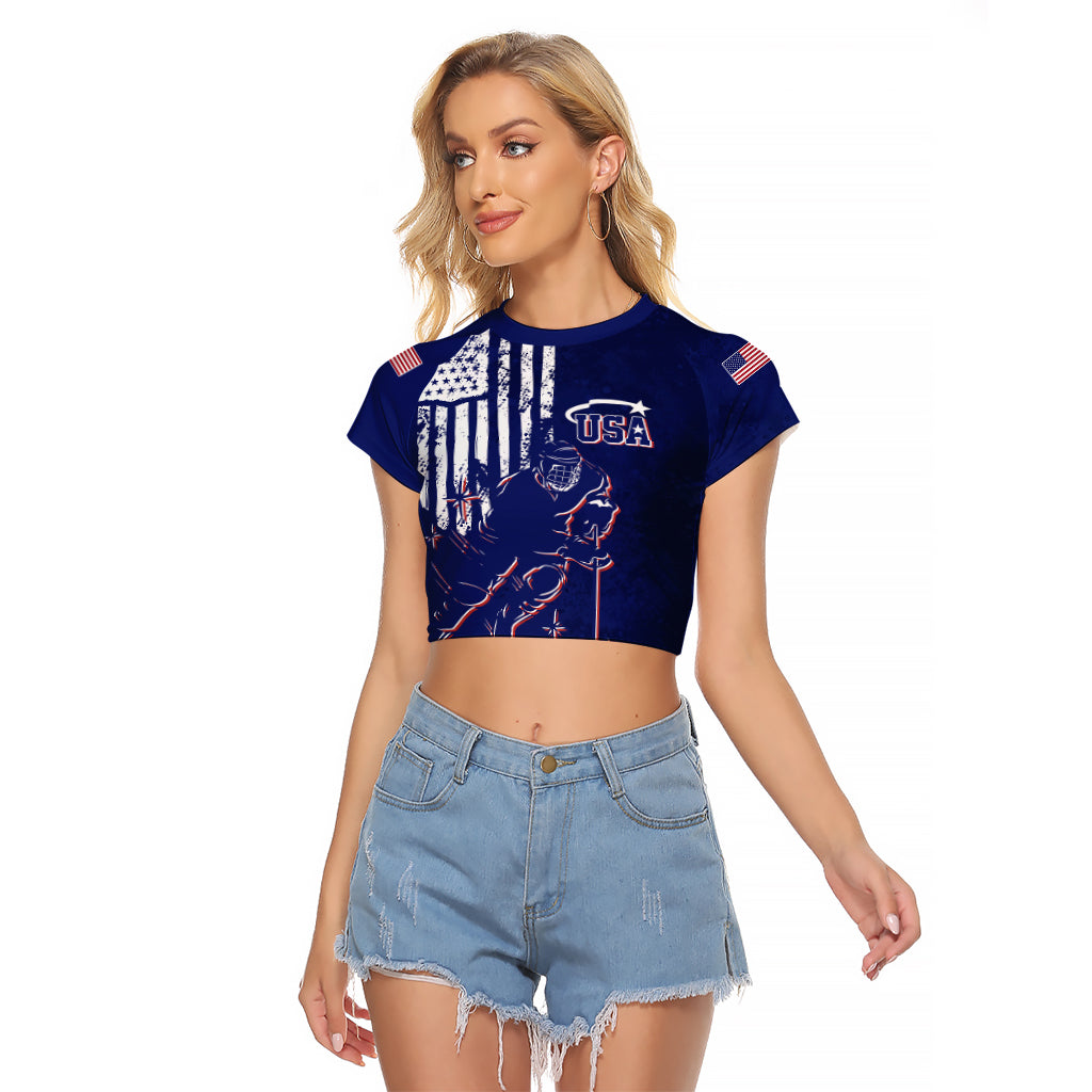 Personalised USA Ice Hockey Raglan Cropped T Shirt Flag Grunge Style - Wonder Print Shop