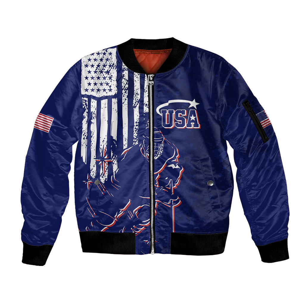 Personalised USA Ice Hockey Sleeve Zip Bomber Jacket Flag Grunge Style - Wonder Print Shop