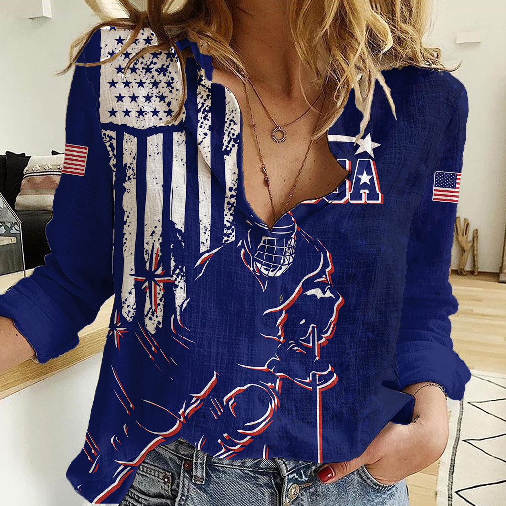 Personalised USA Ice Hockey Women Casual Shirt Flag Grunge Style - Wonder Print Shop