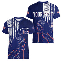 Personalised USA Ice Hockey Women V Neck T Shirt Flag Grunge Style - Wonder Print Shop