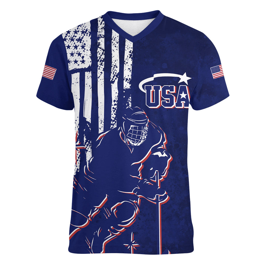 Personalised USA Ice Hockey Women V Neck T Shirt Flag Grunge Style - Wonder Print Shop