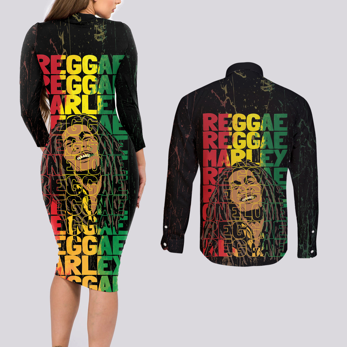 Reggae King Marley Couples Matching Long Sleeve Bodycon Dress and Long Sleeve Button Shirt Typeset Grunge Style LT7 - Wonder Print Shop