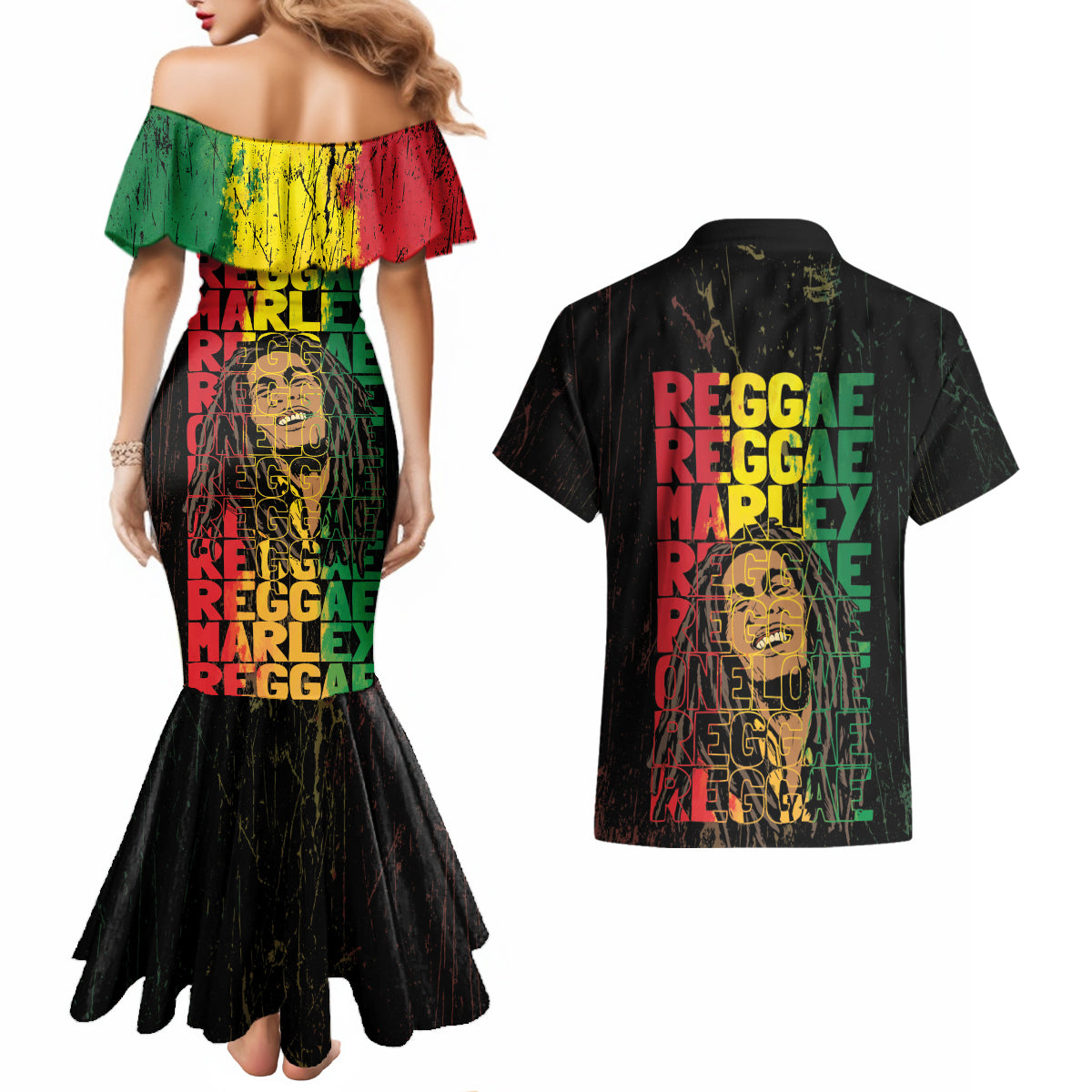 Reggae King Marley Couples Matching Mermaid Dress and Hawaiian Shirt Typeset Grunge Style LT7 - Wonder Print Shop