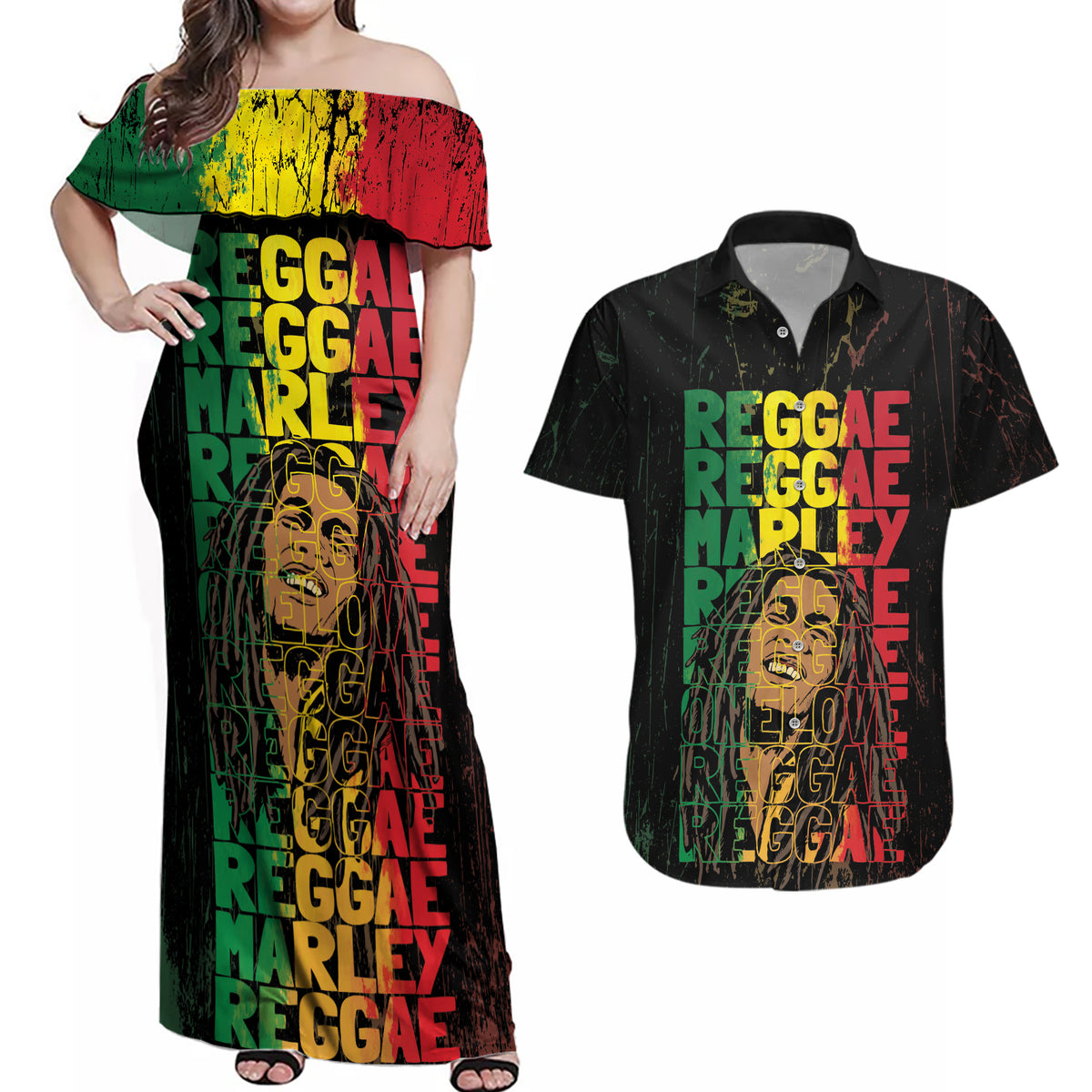 Reggae King Marley Couples Matching Off Shoulder Maxi Dress and Hawaiian Shirt Typeset Grunge Style LT7 - Wonder Print Shop
