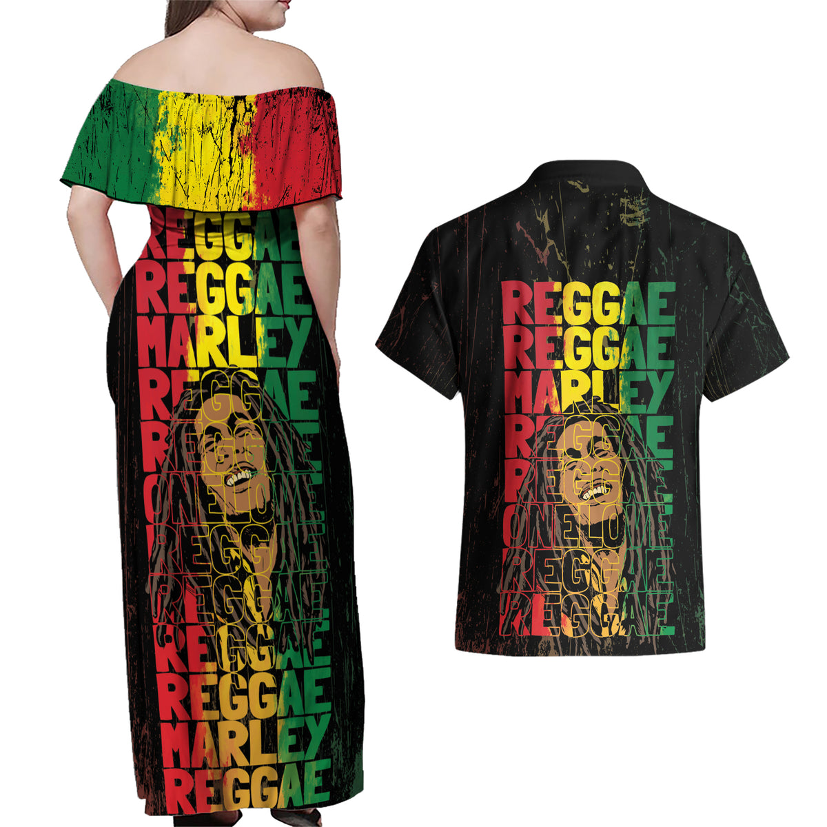Reggae King Marley Couples Matching Off Shoulder Maxi Dress and Hawaiian Shirt Typeset Grunge Style LT7 - Wonder Print Shop