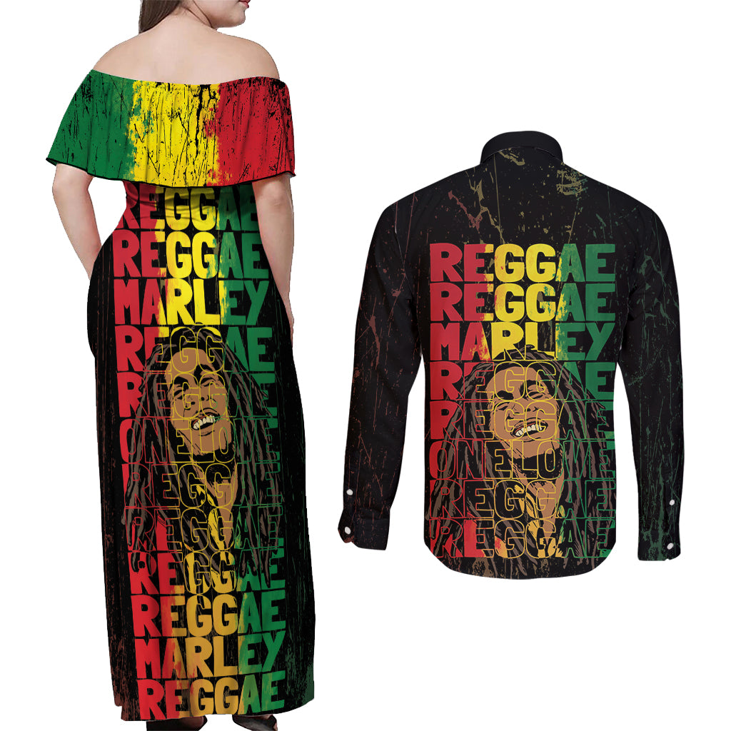 Reggae King Marley Couples Matching Off Shoulder Maxi Dress and Long Sleeve Button Shirt Typeset Grunge Style LT7 - Wonder Print Shop