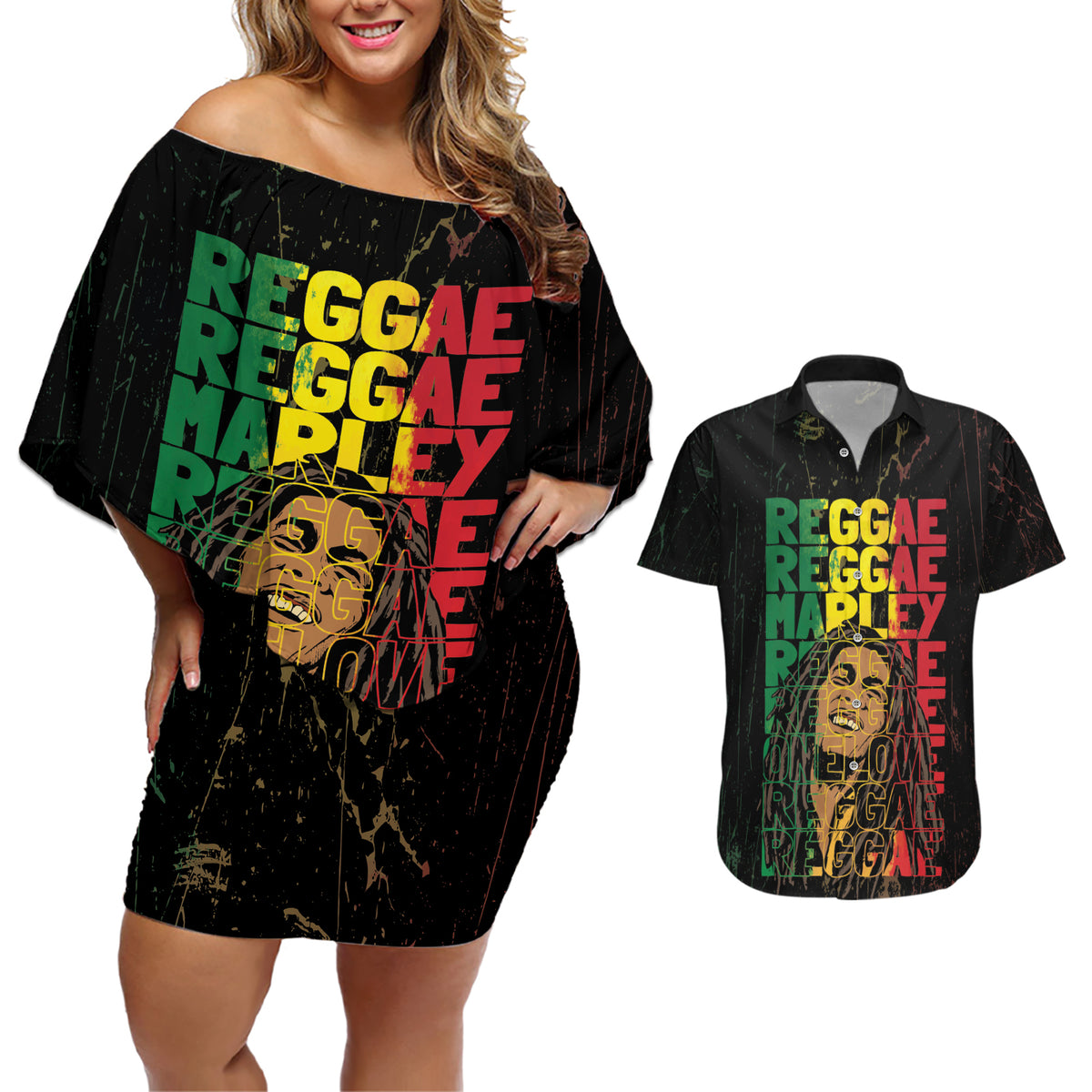 Reggae King Marley Couples Matching Off Shoulder Short Dress and Hawaiian Shirt Typeset Grunge Style LT7 - Wonder Print Shop
