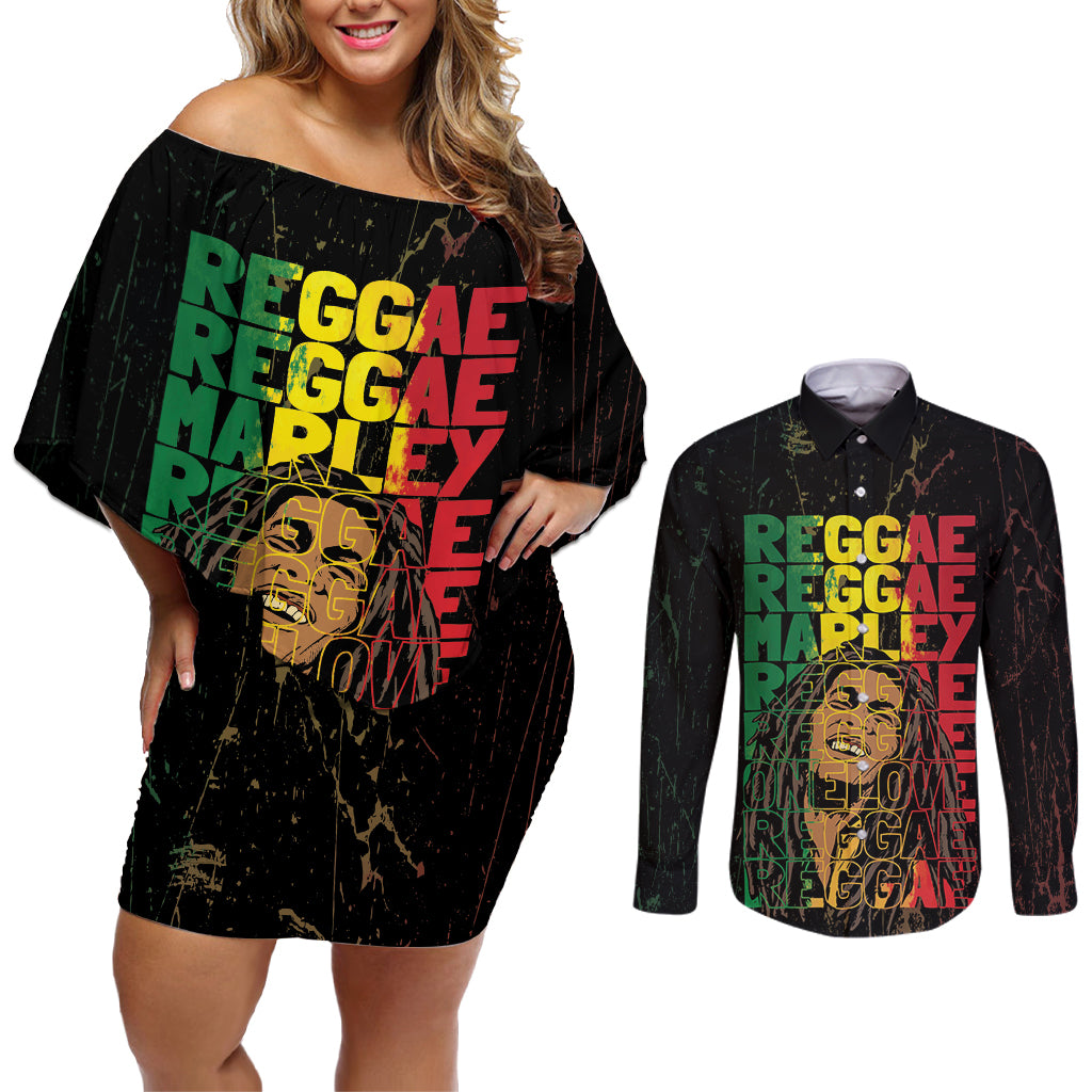 Reggae King Marley Couples Matching Off Shoulder Short Dress and Long Sleeve Button Shirt Typeset Grunge Style LT7 - Wonder Print Shop