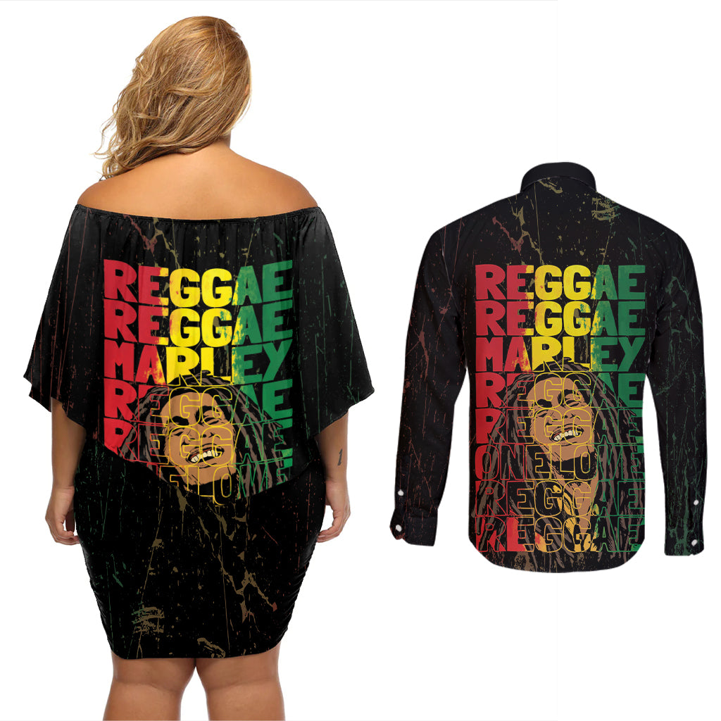 Reggae King Marley Couples Matching Off Shoulder Short Dress and Long Sleeve Button Shirt Typeset Grunge Style LT7 - Wonder Print Shop