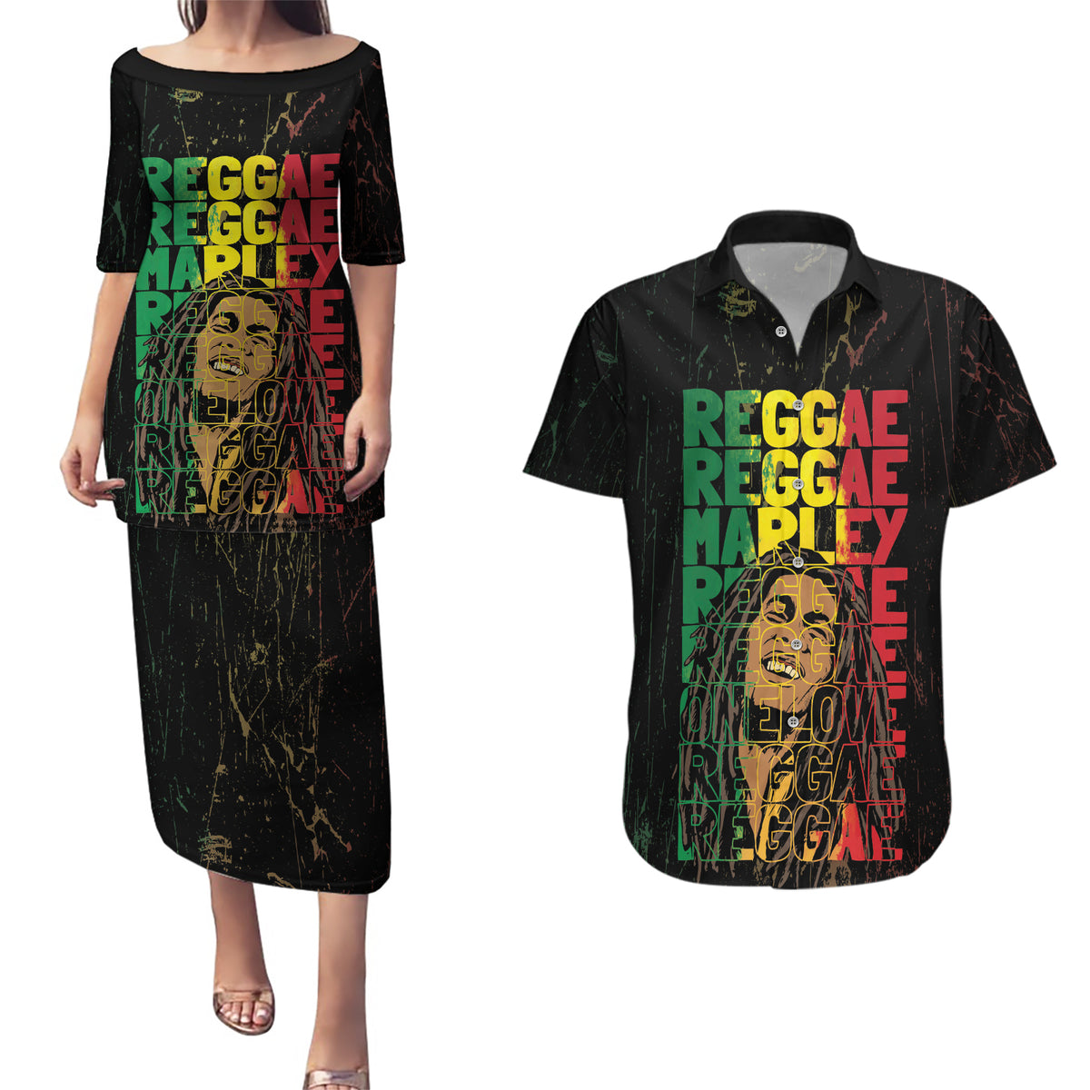 Reggae King Marley Couples Matching Puletasi and Hawaiian Shirt Typeset Grunge Style LT7 - Wonder Print Shop