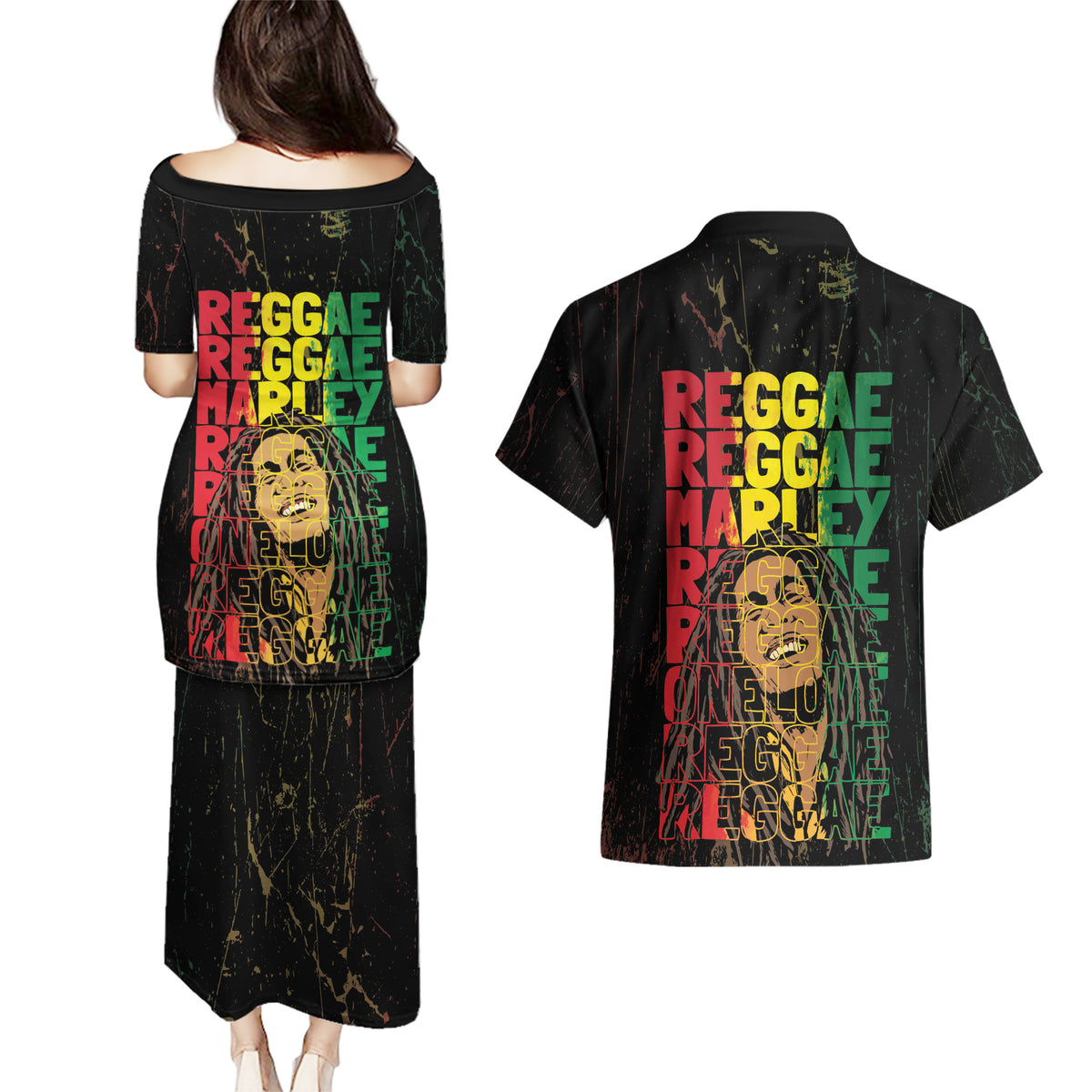 Reggae King Marley Couples Matching Puletasi and Hawaiian Shirt Typeset Grunge Style LT7 - Wonder Print Shop