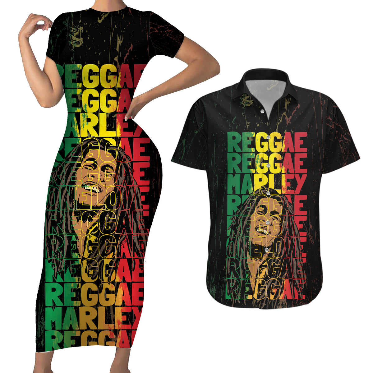 Reggae King Marley Couples Matching Short Sleeve Bodycon Dress and Hawaiian Shirt Typeset Grunge Style LT7 - Wonder Print Shop