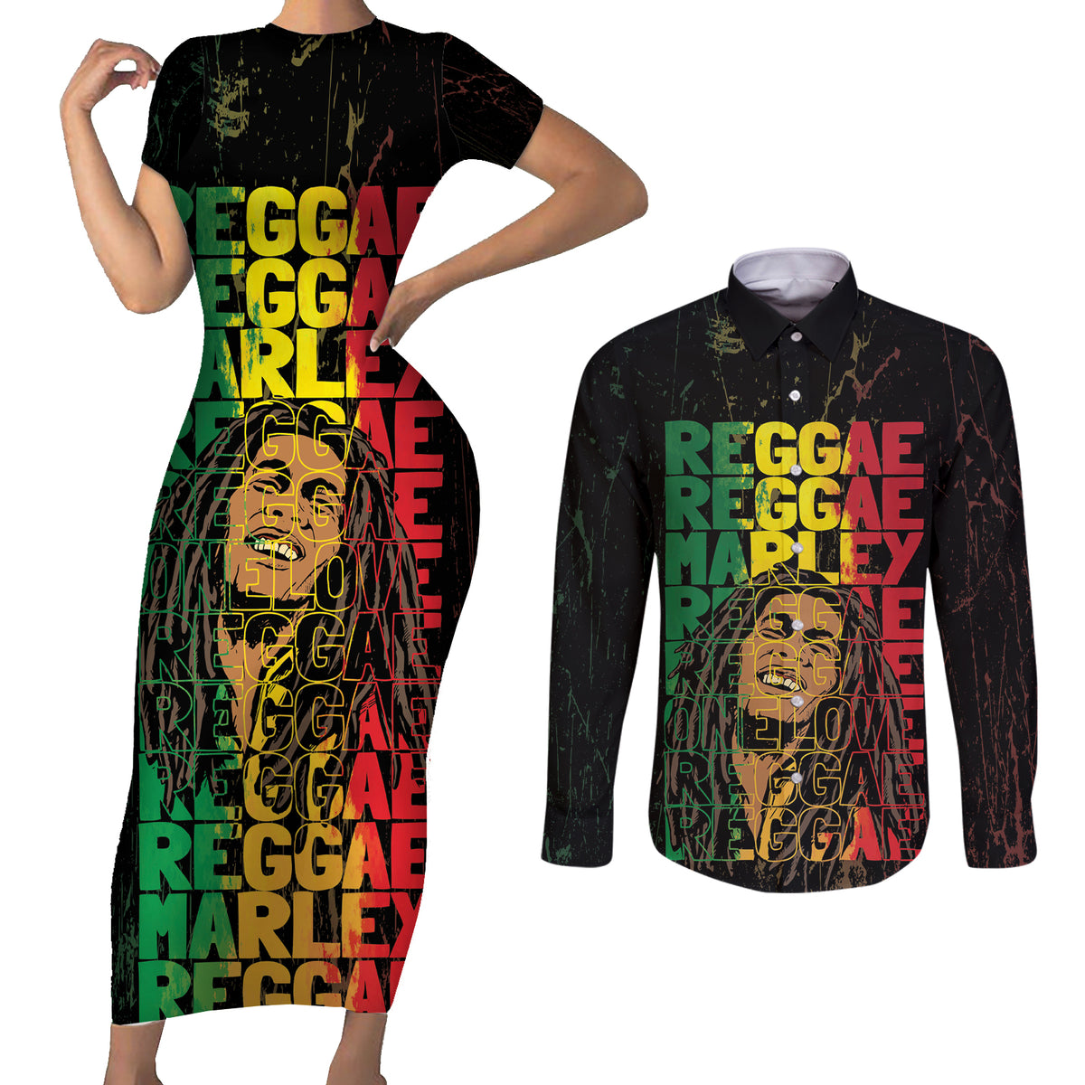 Reggae King Marley Couples Matching Short Sleeve Bodycon Dress and Long Sleeve Button Shirt Typeset Grunge Style LT7 - Wonder Print Shop