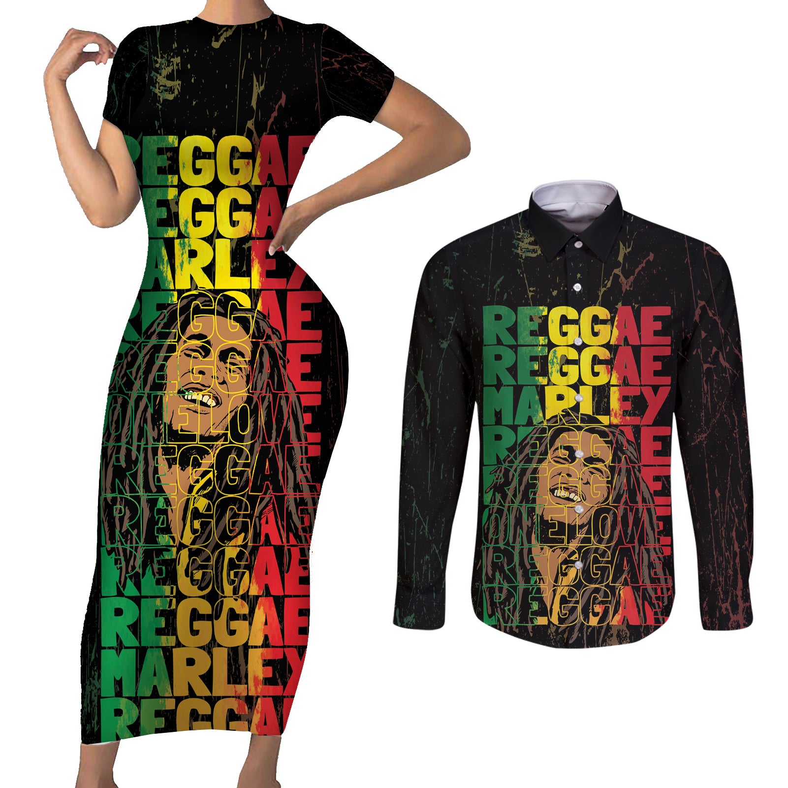 Reggae King Marley Couples Matching Short Sleeve Bodycon Dress and Long Sleeve Button Shirt Typeset Grunge Style LT7 - Wonder Print Shop