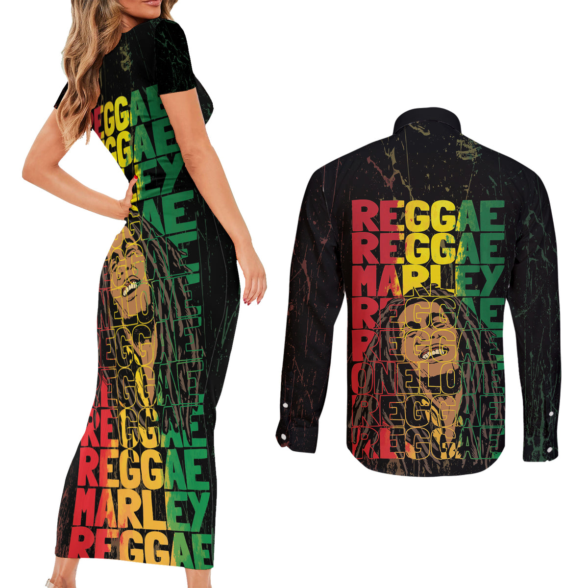 Reggae King Marley Couples Matching Short Sleeve Bodycon Dress and Long Sleeve Button Shirt Typeset Grunge Style LT7 - Wonder Print Shop