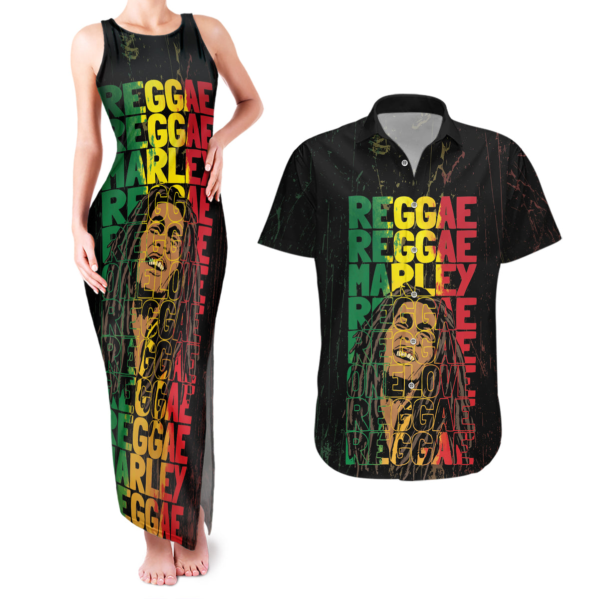 Reggae King Marley Couples Matching Tank Maxi Dress and Hawaiian Shirt Typeset Grunge Style LT7 - Wonder Print Shop
