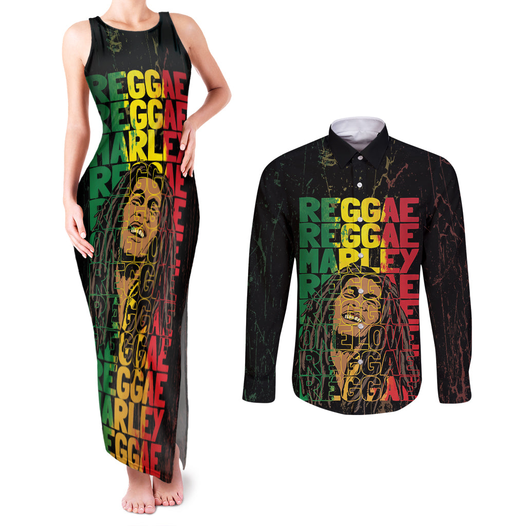 Reggae King Marley Couples Matching Tank Maxi Dress and Long Sleeve Button Shirt Typeset Grunge Style LT7 - Wonder Print Shop