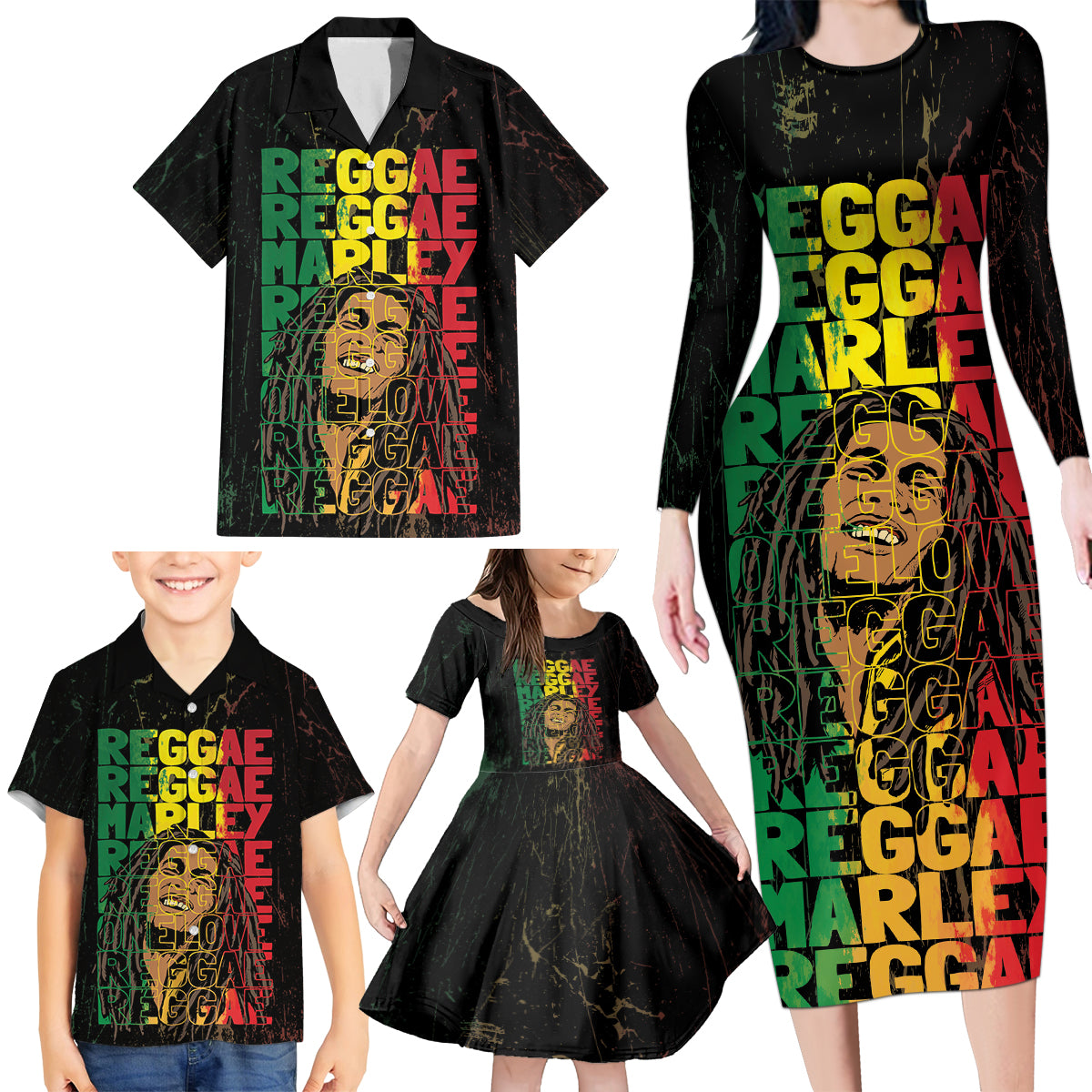 Reggae King Marley Family Matching Long Sleeve Bodycon Dress and Hawaiian Shirt Typeset Grunge Style LT7 - Wonder Print Shop
