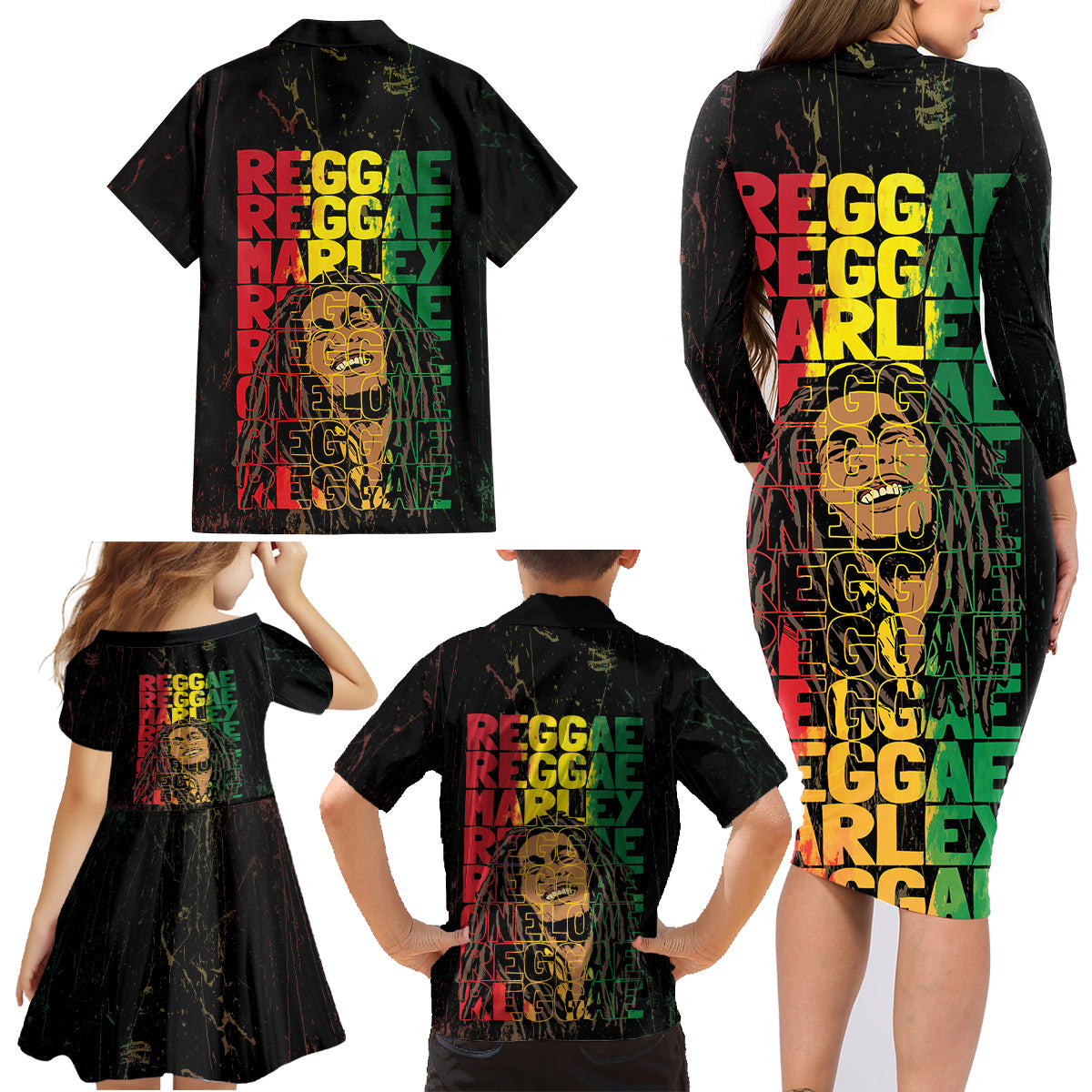 Reggae King Marley Family Matching Long Sleeve Bodycon Dress and Hawaiian Shirt Typeset Grunge Style LT7 - Wonder Print Shop